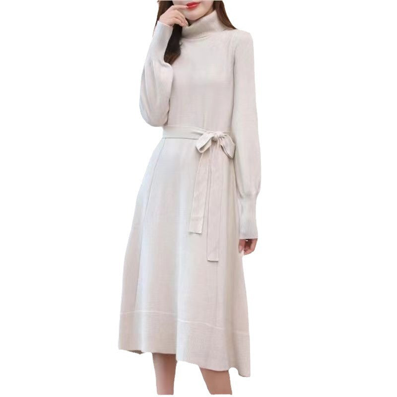 Damen Strickkleid mit hohem Kragen und Taillengürtel Drune