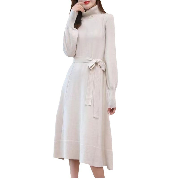 Damen Strickkleid mit hohem Kragen und Taillengürtel Drune