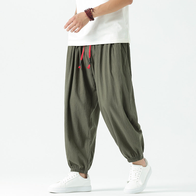 Herren nan locker geschnittene Leinen-Baumwoll Hose mit Kordelzug und elastischen Bündchen Drune