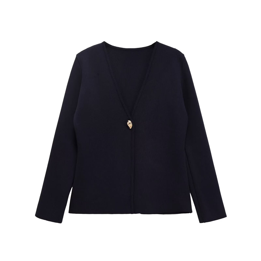 Damen elegante Strickjacke mit tiefem V-Ausschnitt und dekorativem Knopf Drune