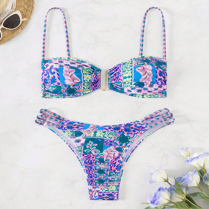 Damen Bandeau-Bikini mit raffinierten Rüschendetails und elegantem Muster Drune