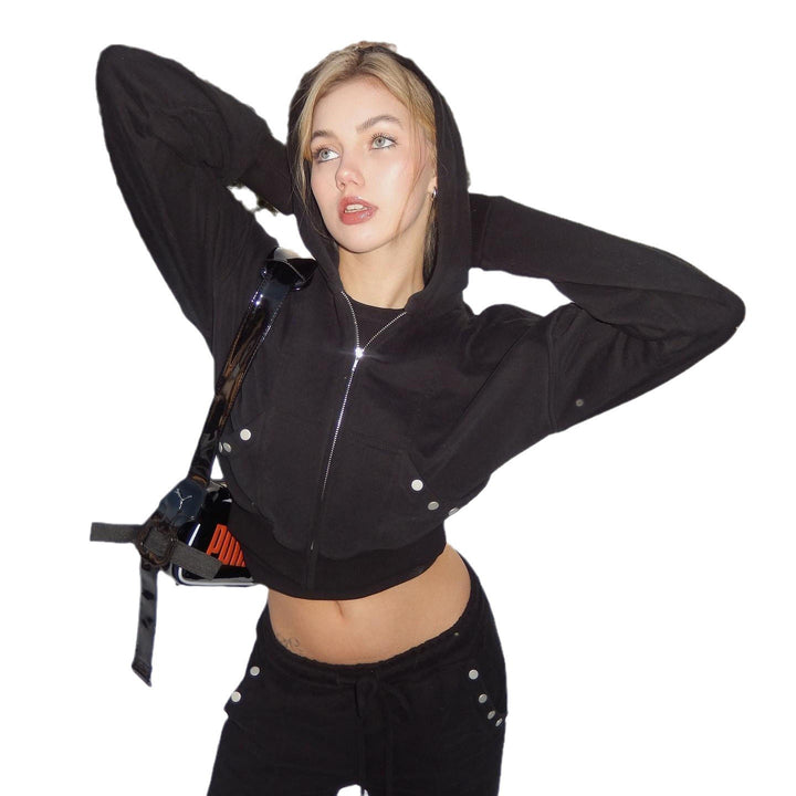 Damen sportlicher Cropped Hoodie mit innovativen Druckknopfdetails Drune