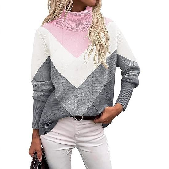 Damen Modischer Strickpullover mit hohem Kragen und geometrischem Design Drune