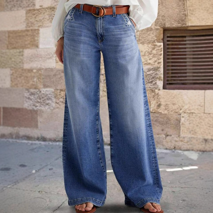 Damen weit geschnittene Jeanshose mit hohem Bund und eleganten Nähdetails Drune