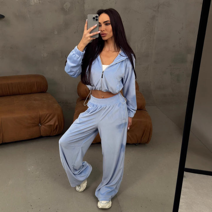 Damen lässiger Velours-Loungewear-Anzug mit cropped Oberteil und weitem Schnitt Drune