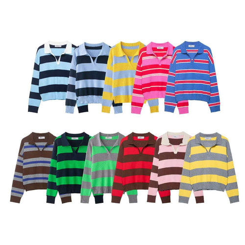Damen nan gestreifter Rugby-Strickpullover mit Polokragen und weiter Oversize-Passform Drune