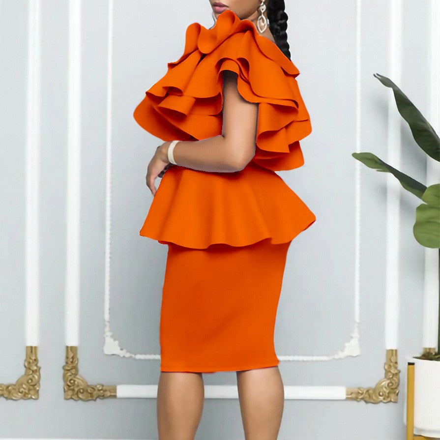 Damen Peplum Kleid mit asymmetrischem Rüschenärmel Drune