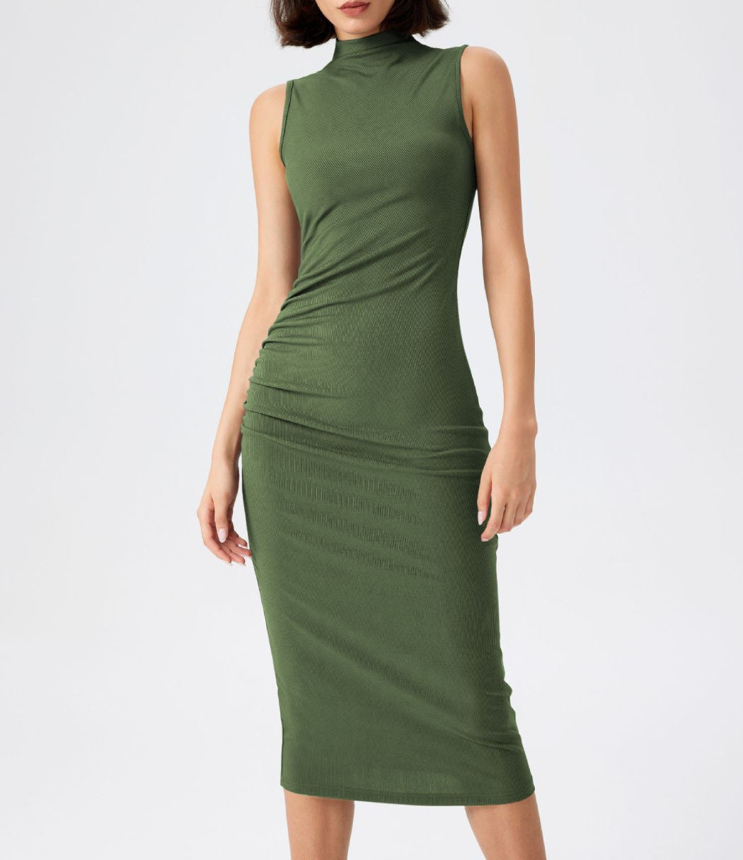 Damen elegantes Midi-Kleid mit figurbetontem Schnitt und hohem Kragen Drune