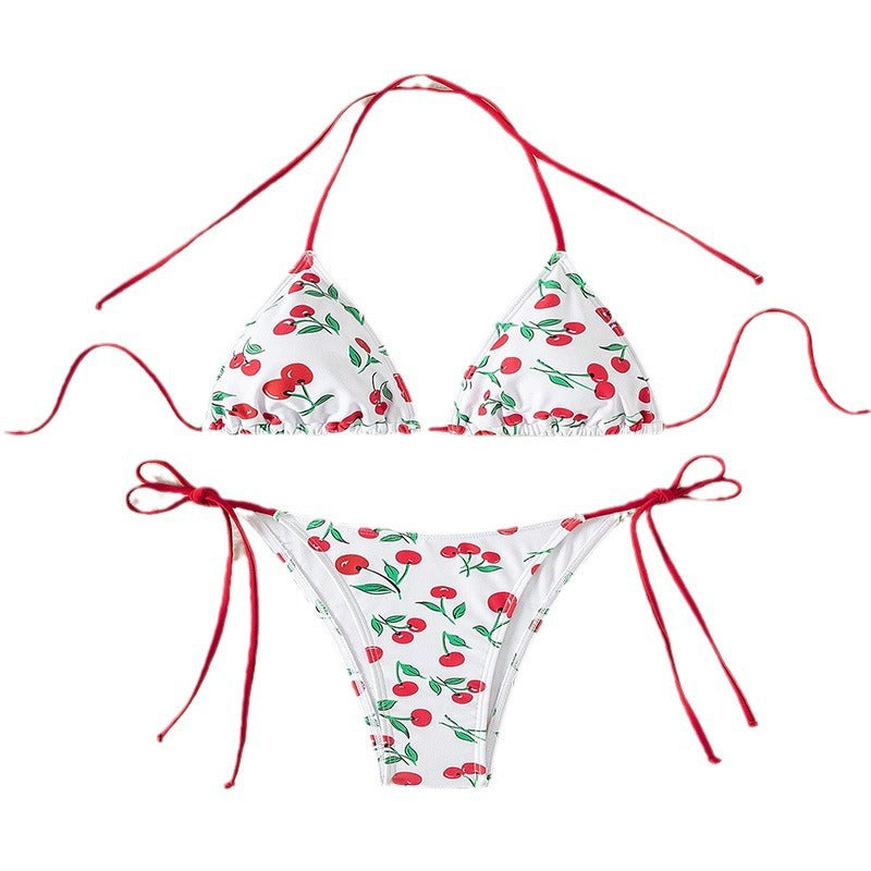 Damen Triangel-Bikini mit fröhlichem Kirschmuster und verstellbaren Bindebändern Drune