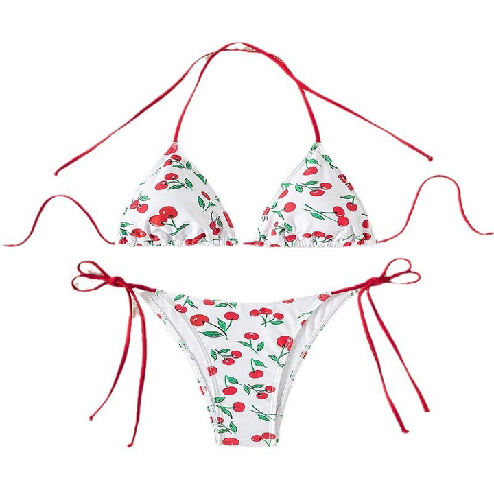 Damen Triangel-Bikini mit fröhlichem Kirschmuster und verstellbaren Bindebändern Drune