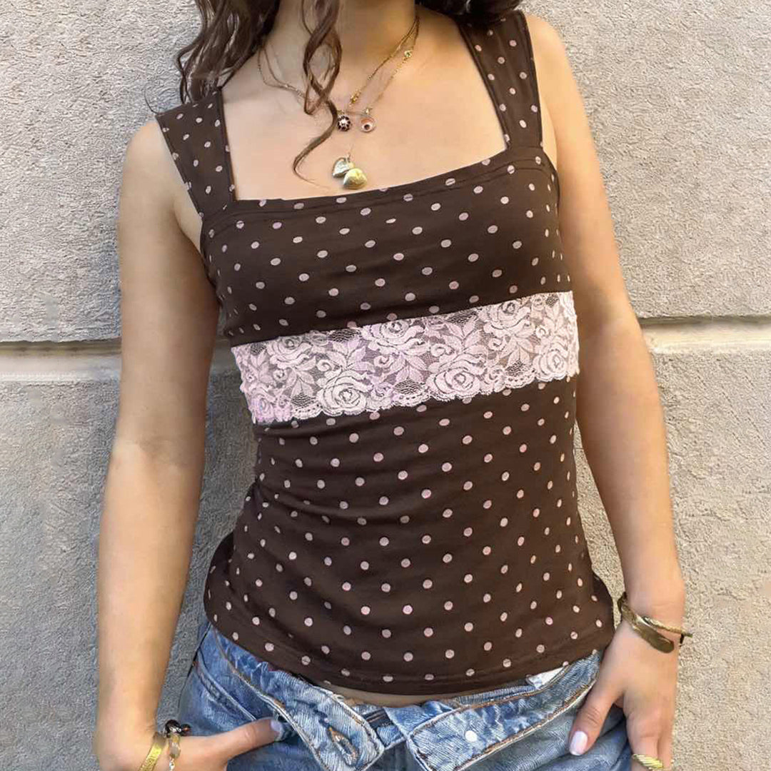 Damen Spaghetti-Trägertop mit Spitzeneinsatz und verspieltem Punktdesign Drune