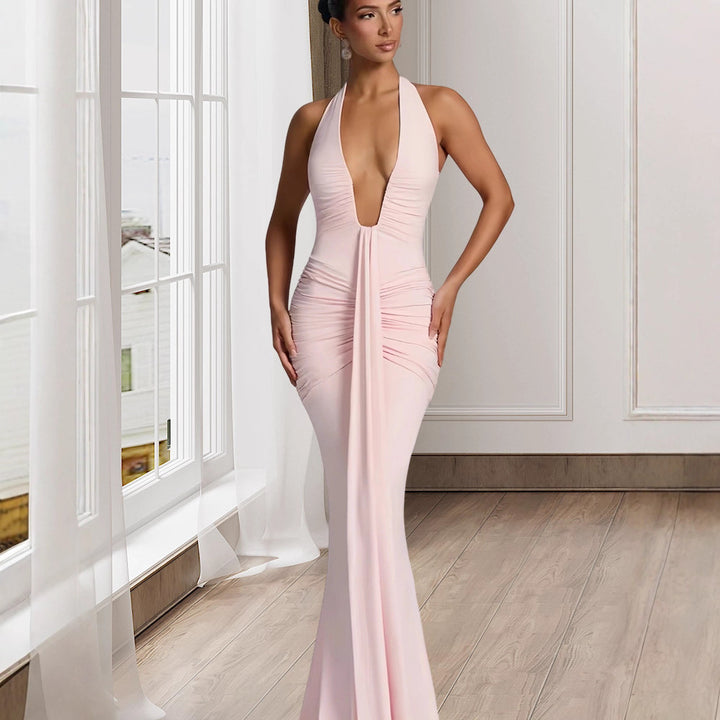 Damen Elegantes Wickelkleid mit tiefem V-Ausschnitt und fließendem Rock Drune