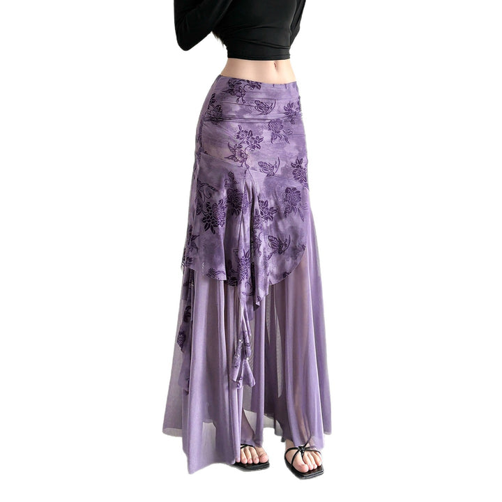 Damen asymmetrischer Maxirock mit floralen Details und transparenten Schichten Drune