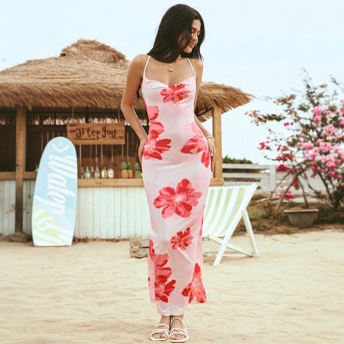 Damen Maxikleid mit floralem Design und verstellbaren Spaghettiträgern Drune