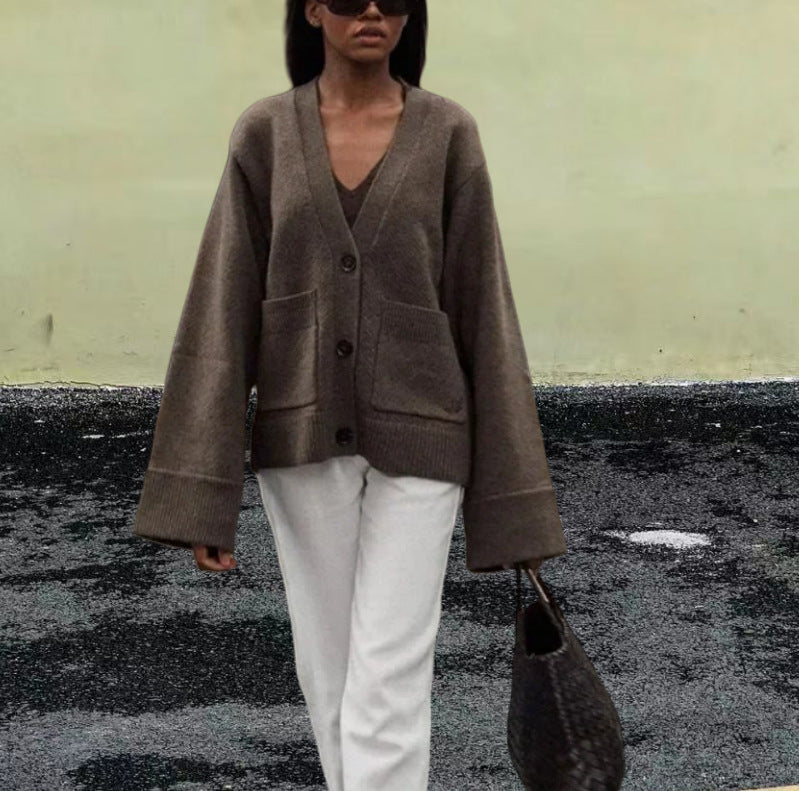 Damen Lässiger Strickjacke mit großen Taschen und offenem Schnitt Drune