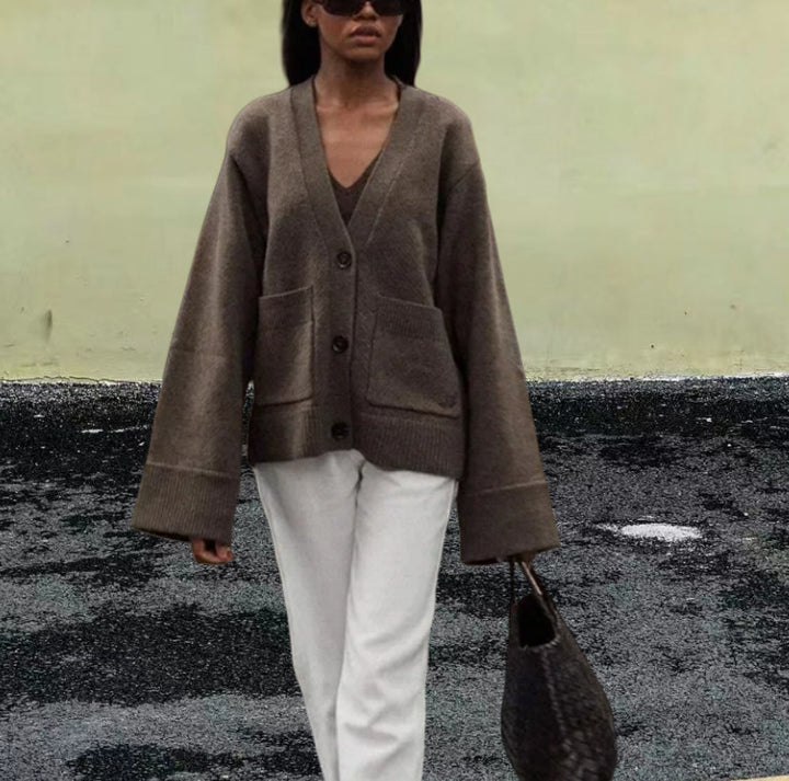 Damen Lässiger Strickjacke mit großen Taschen und offenem Schnitt Drune