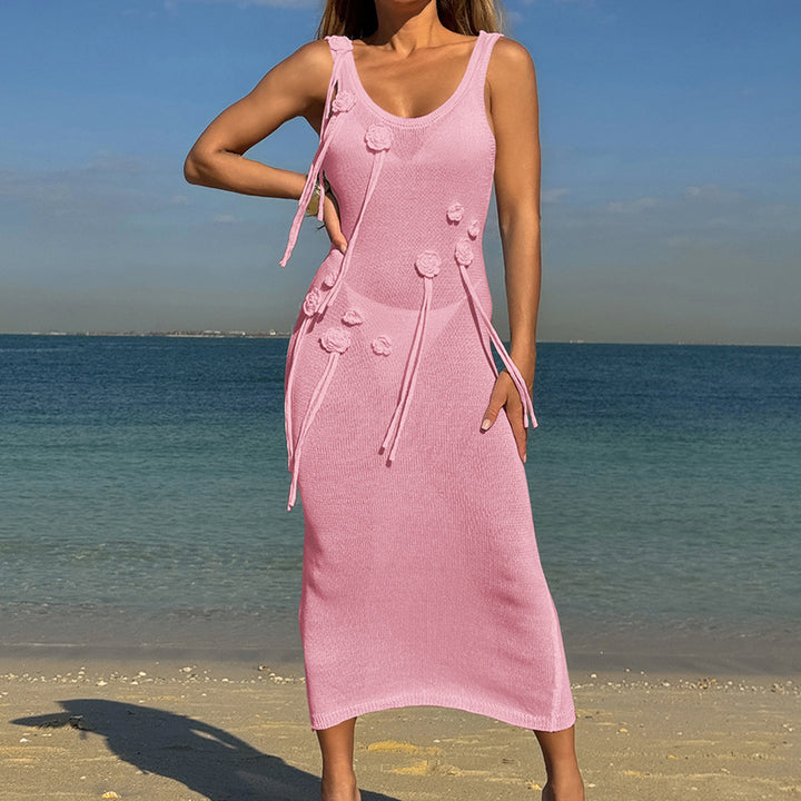 Damen Elegantes Strickkleid mit Blumenapplikationen und seitlichem Bindegürtel Drune