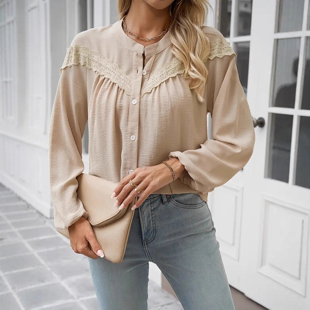 Damen Bluse mit eleganten Rüschendetails und durchgängiger Knopfleiste Drune