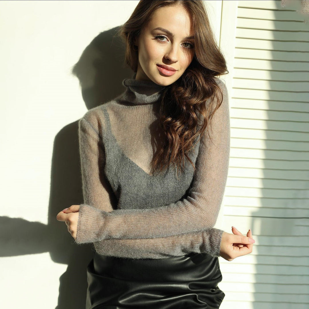Damen Eleganter Strickpullover mit V-Ausschnitt und hohem Kragen Drune