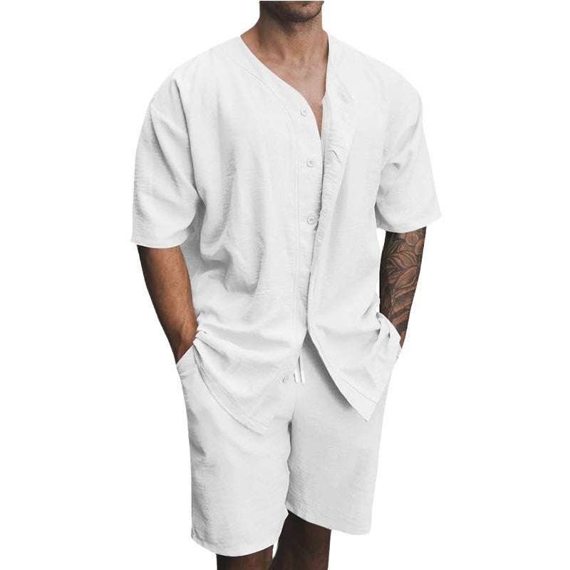 Herren luftiges Sommer-Freizeit-Set mit kurzärmeliger Knopfleiste und lässigen Shorts Drune