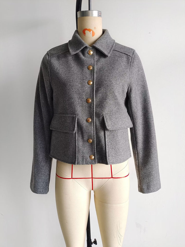 Damen modische Kurzjacke mit praktischen Taschen und goldenen Knöpfen Drune