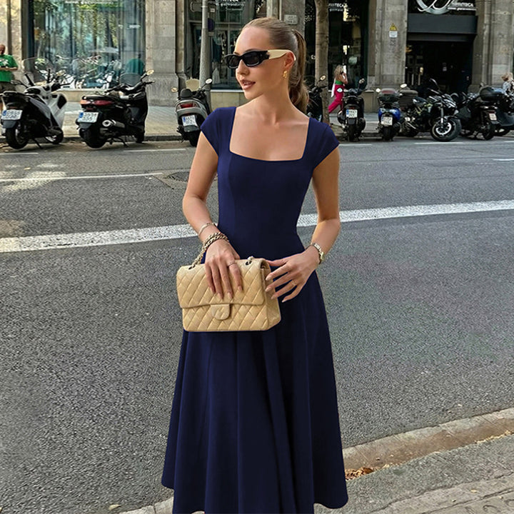 Damen Elegantes Maxikleid mit quadratischem Ausschnitt und fließendem Rock Drune
