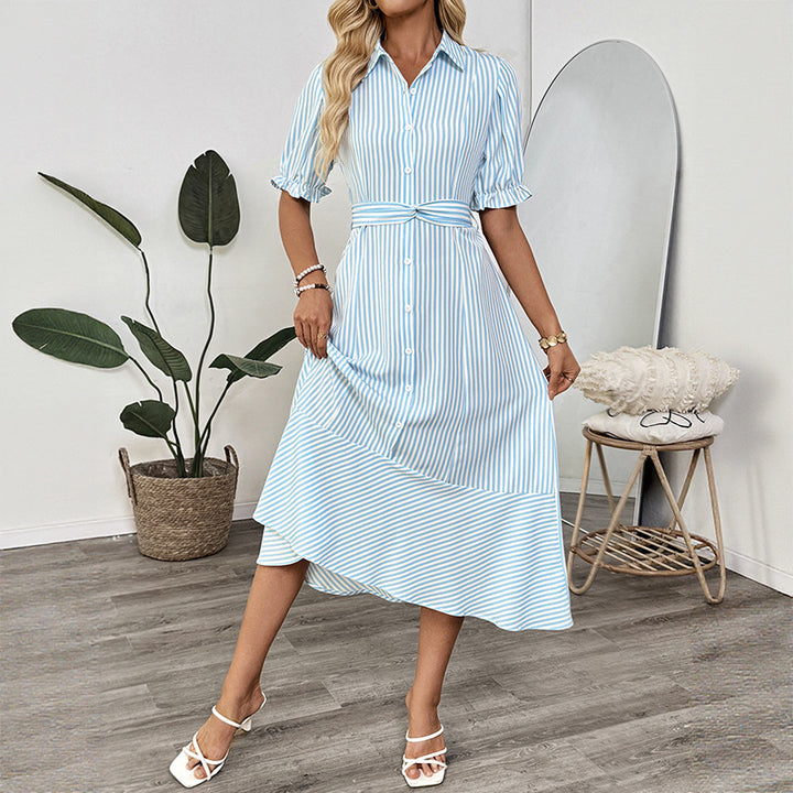Damen Hemdblusenkleid mit asymmetrischem Saum und modischen Puffärmeln Drune