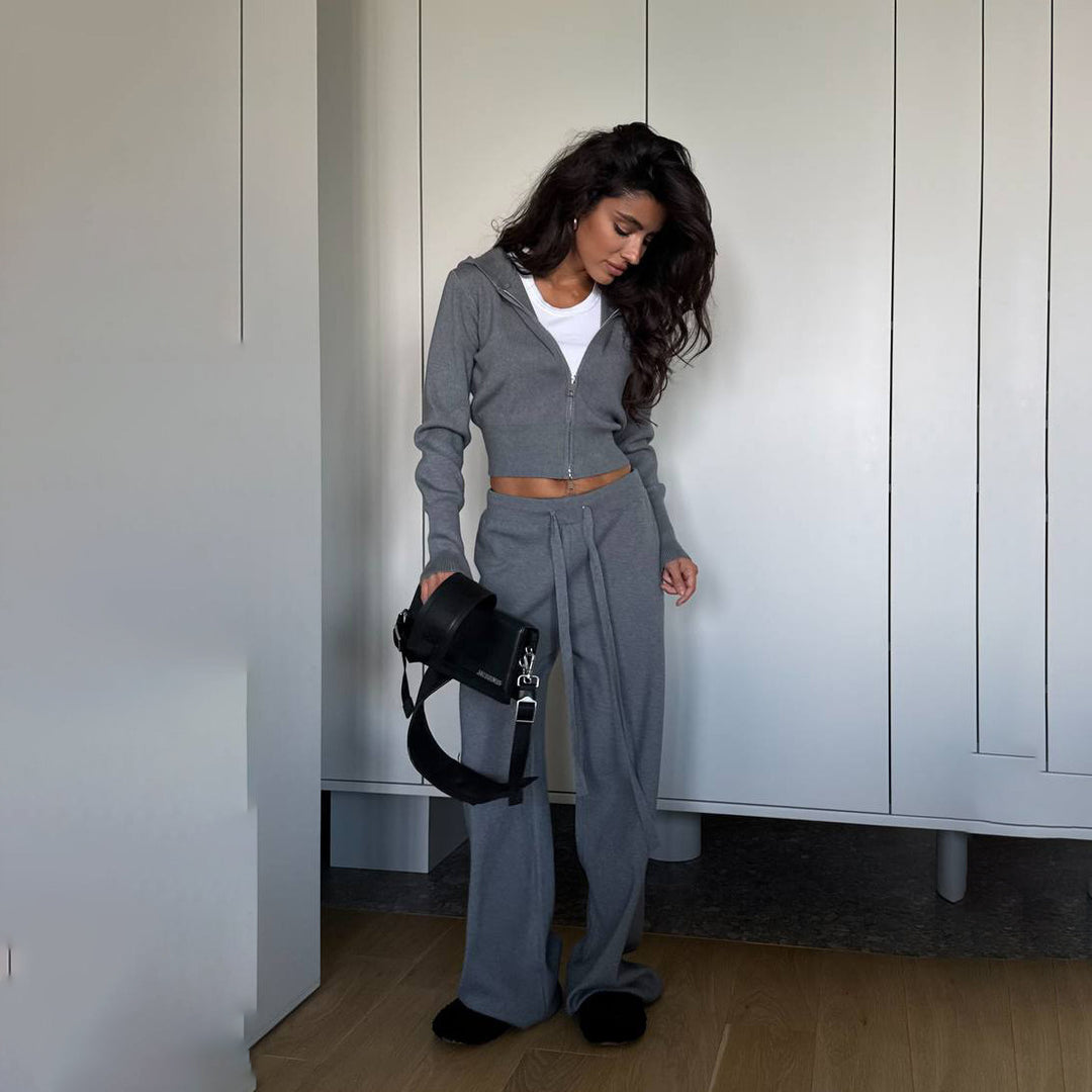 Damen Lässiges Strick-Set mit cropped Jacke und weitem Hosenstil Drune