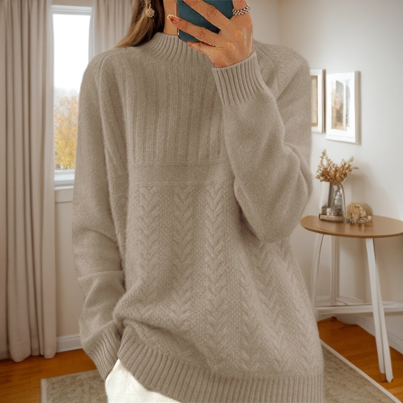 Damen Strickpullover mit kreativem Zopfmuster und hohem Kragen Drune