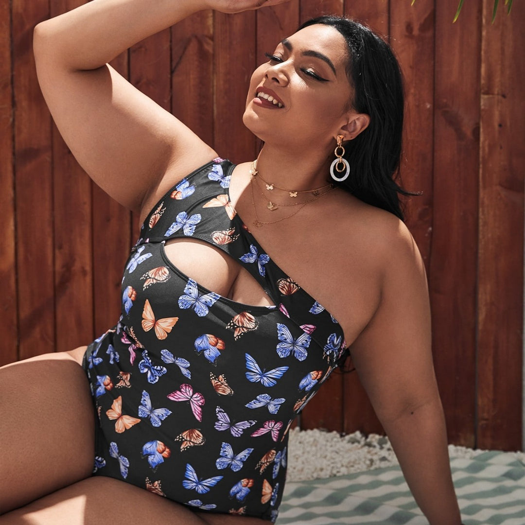 Damen Einseitiger Cut-Out Badeanzug mit floralen Schmetterlingsmotiven Drune