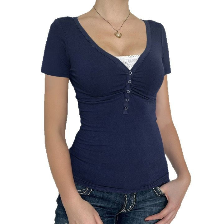Damen figurbetontes Kurzarmshirt mit V-Ausschnitt Drune