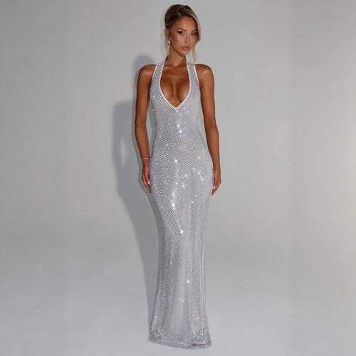 Damen Glitzerndes Abendkleid mit tiefem V-Ausschnitt und figurbetontem Schnitt Drune