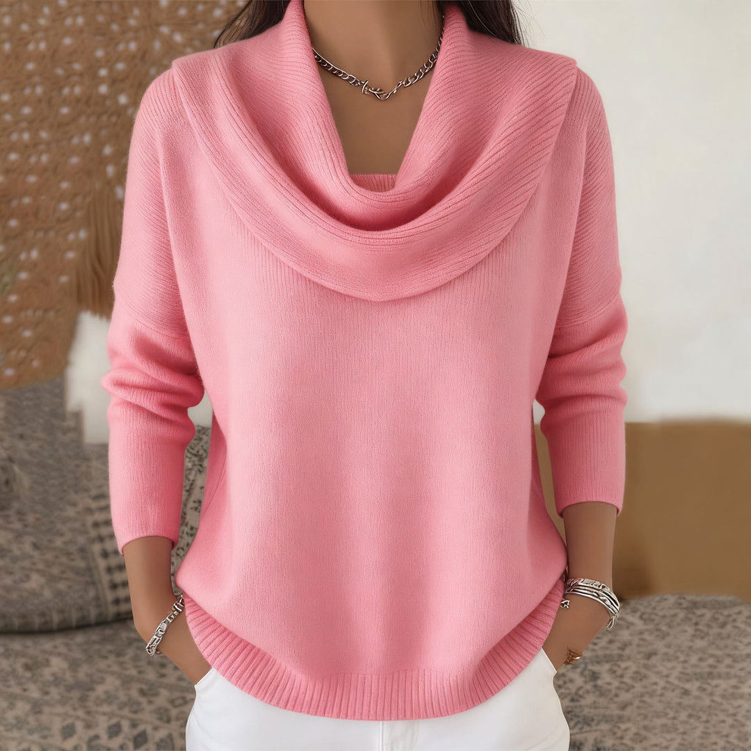 Damen nan schimmernder Strickpullover mit Wasserfallkragen, feiner Glitzerstruktur und schmalem Saum Drune