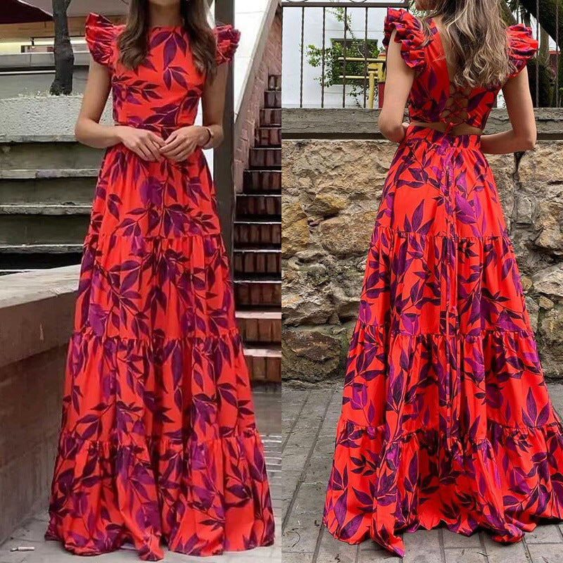 Damen Maxikleid mit voluminösem Rock und schulterfreien Puffärmeln Drune