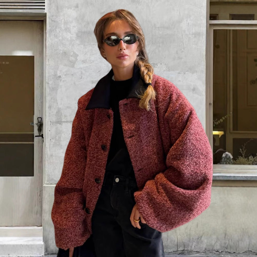 Damen kuschelige Oversize-Jacke mit großem Kragen Drune
