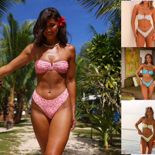 Damen Bandeau-Bikini mit floralem Design und elegantem Verschluss Drune
