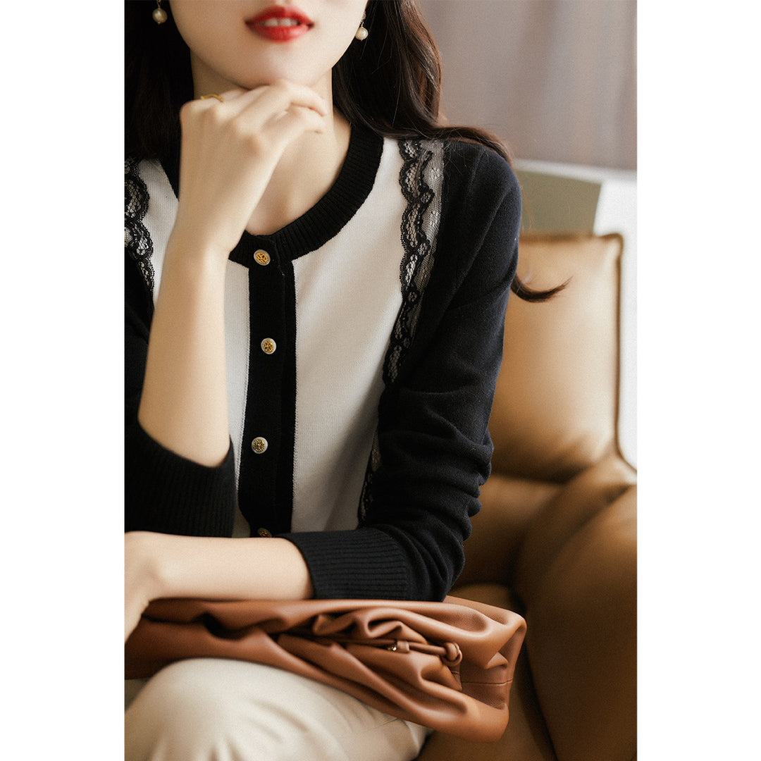 Damen elegante Strickjacke mit Spitzenbesatz Drune