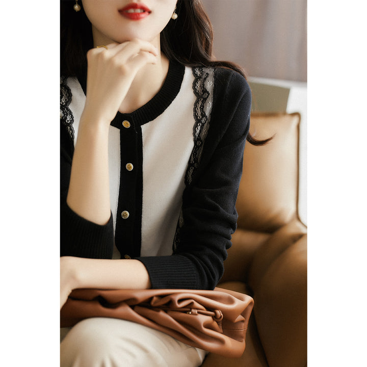 Damen elegante Strickjacke mit Spitzenbesatz Drune