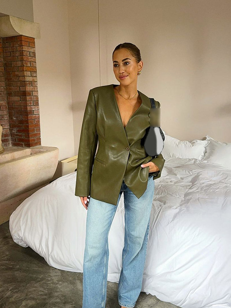 Damen elegante Kunstlederblazer mit tailliertem Schnitt Drune