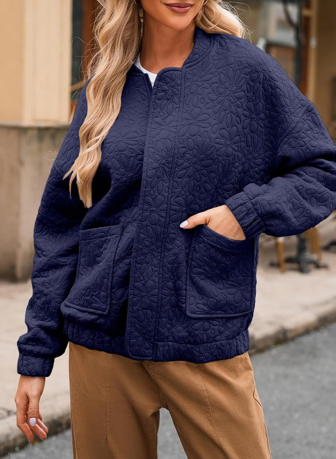Damen gestepptes Blousonjacke mit floralem Design und praktischen Taschen Drune