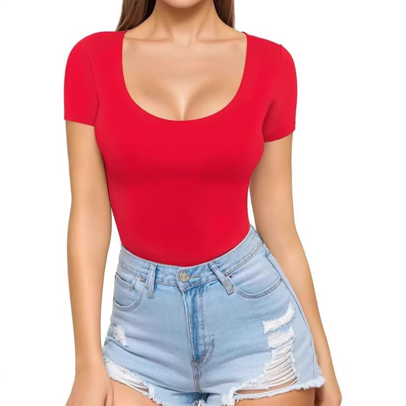 Damen figurbetontes Kurzarm-Body mit rundem Ausschnitt und nahtlosem Design Drune
