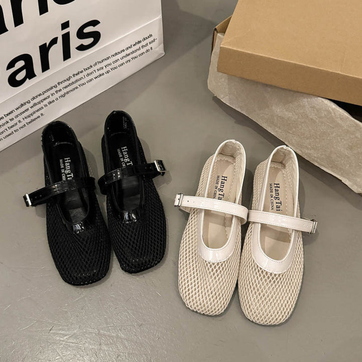 Damen Casual Mesh Mary Jane Ballerinas mit verstellbarem Riemen Drune