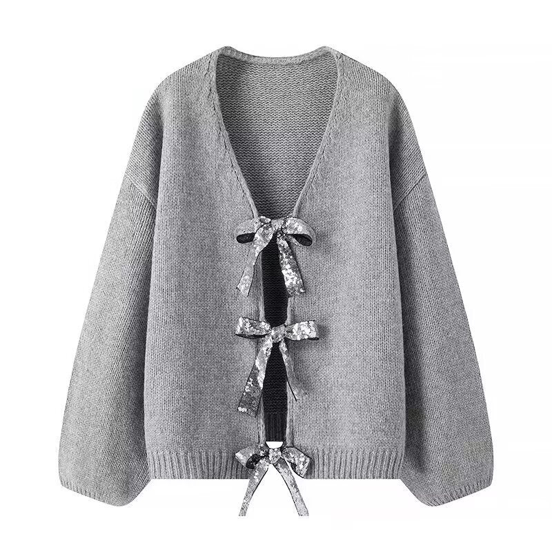 Damen Modischer Strickcardigan mit glamourösen Schleifen Drune