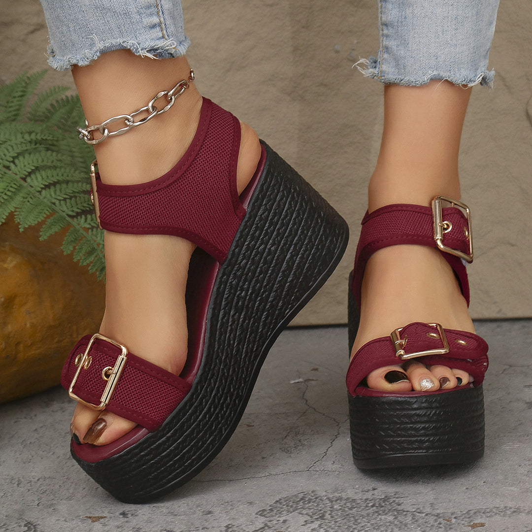 Damen nan Espadrille-Plateau-Sandalette mit textilen Riemen, großen Metallschnallen und gepolstertem Komfortfußbett Drune