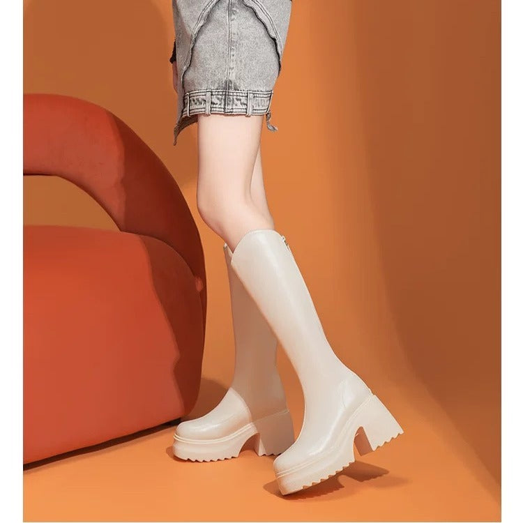 Damen modische Overknee-Stiefel mit robustem Blockabsatz und flexiblem Sohlenprofil Drune
