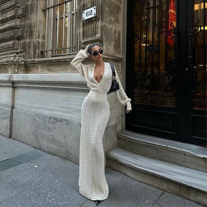 Damen elegantes gehäkeltes Maxikleid mit tiefem V-Ausschnitt Drune