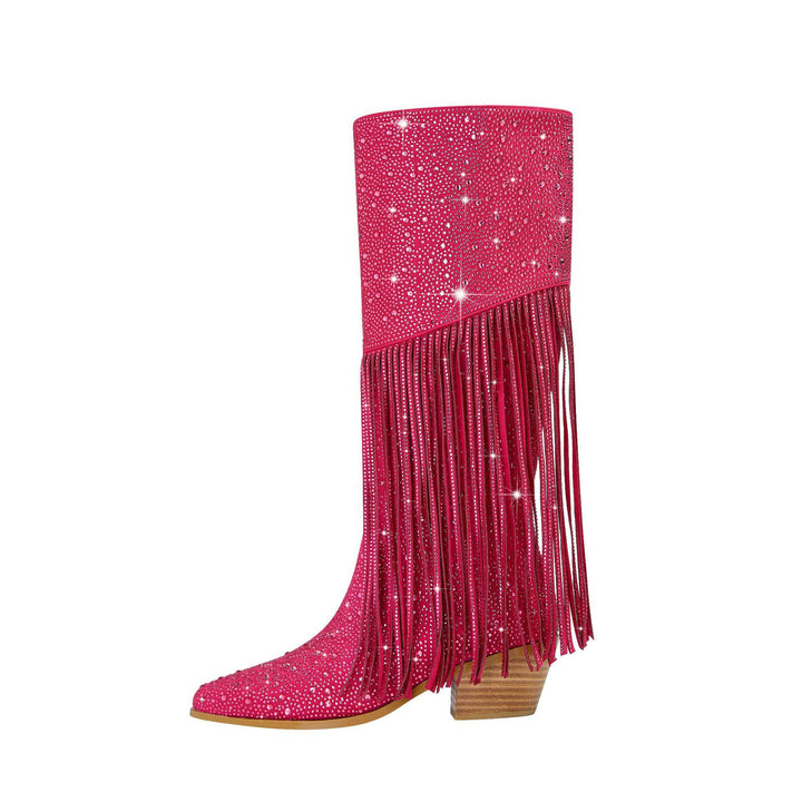 Damen Stiletto Fransen Strass Stiefel Drune