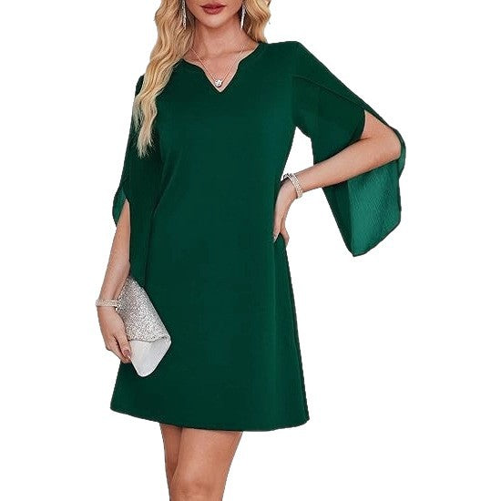 Damen V-Ausschnitt Kleid mit transparenten Ärmeln Drune