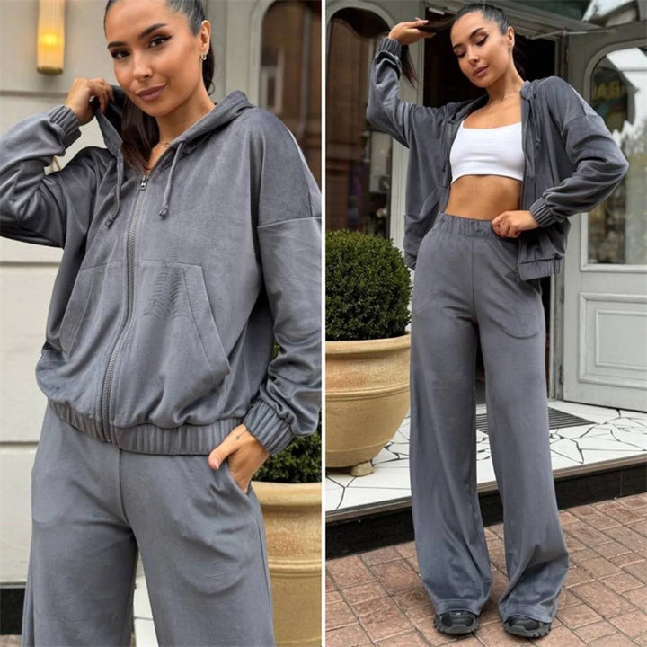 Damen Sportlicher Velours-Jogginganzug mit Kapuze und Komfort-Taille Drune