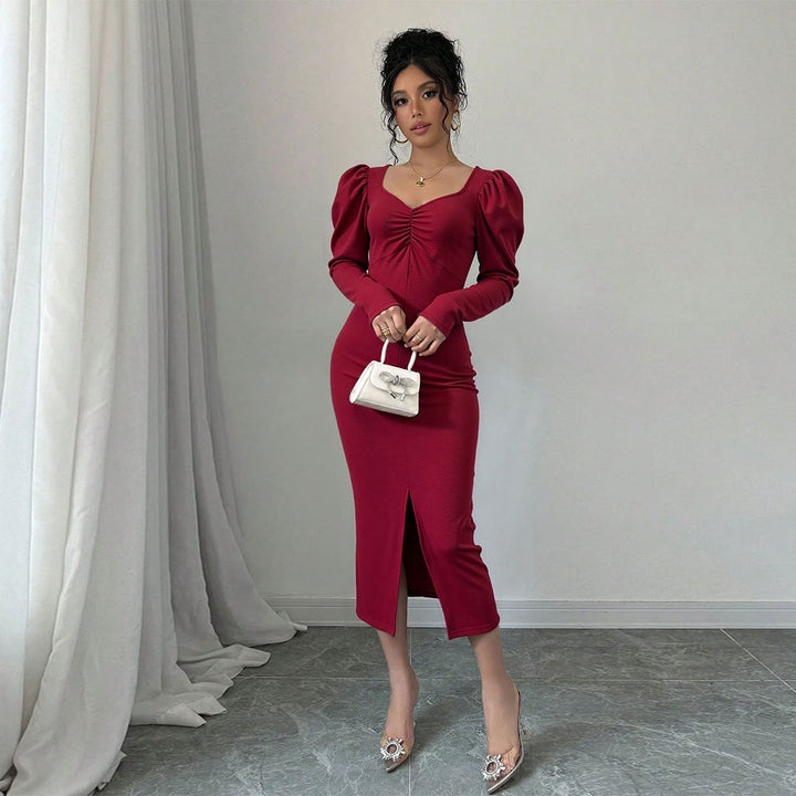 Damen Midi-Kleid mit Puffärmeln und raffiniertem Schlitz Drune